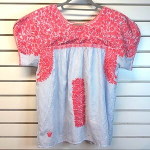 J Marie Collections - Jill Top Blue/White Stripe Pink Embroidery Size S EUC
